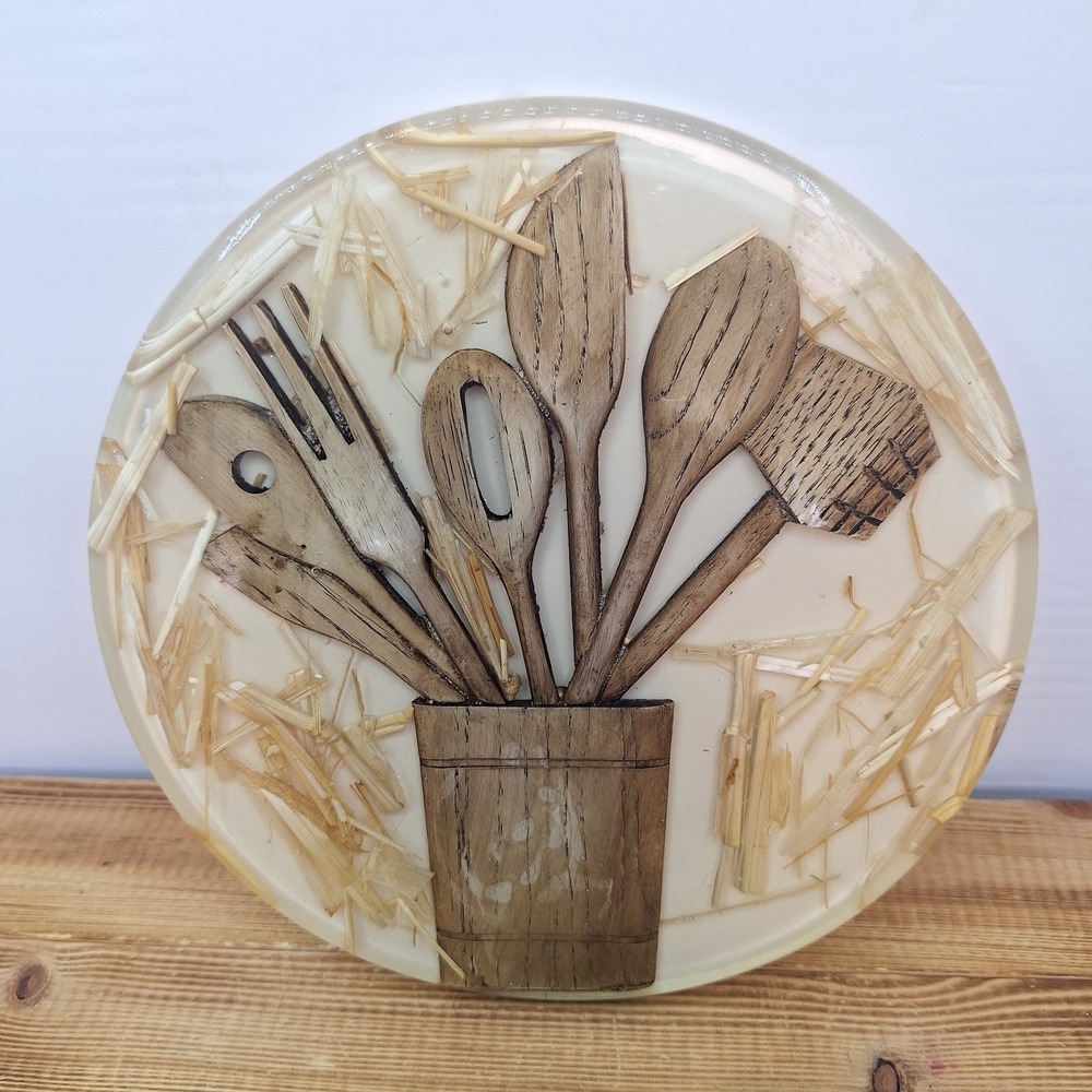 Vintage MCM Lucite Acrylic Trivet Spoon Rest Wood Utensils 70s Round Beige